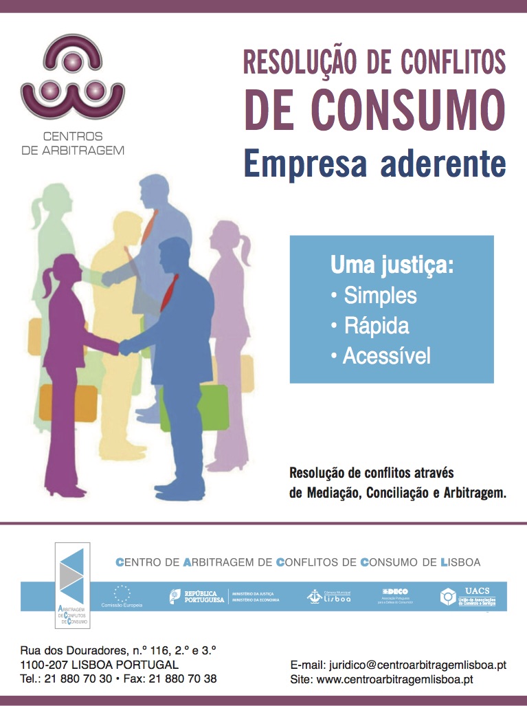 Imagem de um folheto acerca da adesão da entidade de uma entidade à resolução de conflitos de consumo. A entidade é o CACCL - Centro de Arbitragem de Conflitos de Consumo de Lisboa.